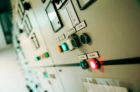 Control Switch panel of industrial equipment with buttons aboard modern ship Stock Photos