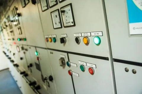 Control Switch panel of industrial equipment with buttons aboard modern ship Stock Photos
