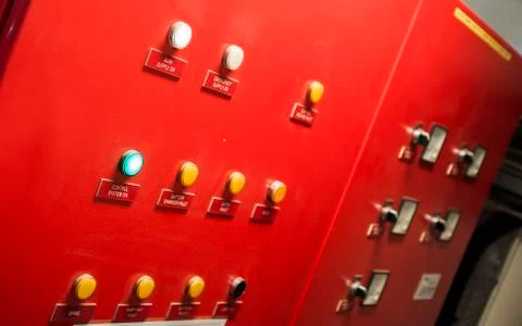 Control Switch panel of industrial equipment with buttons aboard modern ship Stock Photos