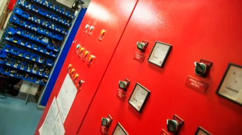Control Switch panel of industrial equipment with buttons aboard modern ship Stock Photos