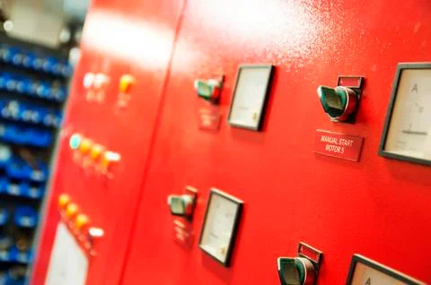 Control Switch panel of industrial equipment with buttons aboard modern ship Stock Photos