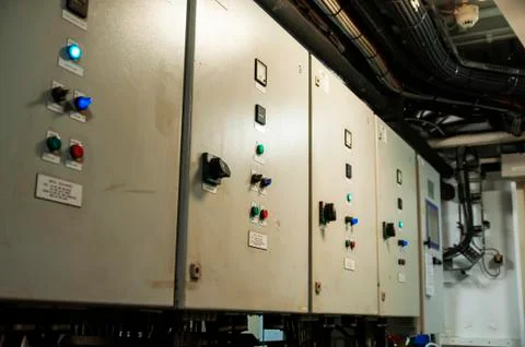 Control Switch panel of industrial equipment with buttons aboard modern ship 写真素材