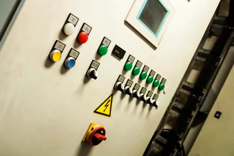 Control Switch panel of industrial equipment with buttons aboard modern ship 写真素材