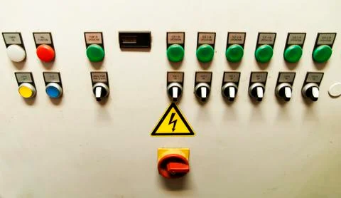 Control Switch panel of industrial equipment with buttons aboard modern ship Stock Photos