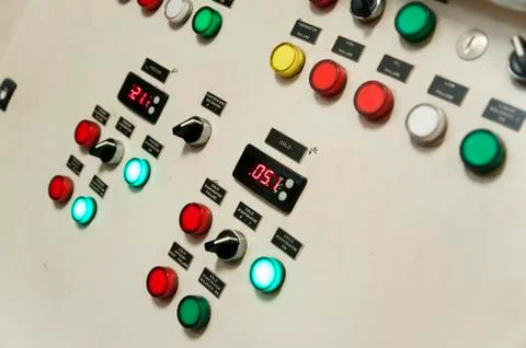 Control Switch panel of industrial equipment with buttons aboard modern ship Stock Photos
