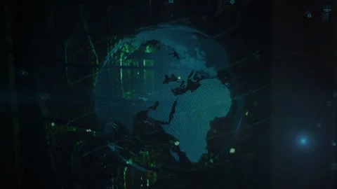 Control system starting rotation, dotted globe showing regions and projecting Stock Footage 332577684