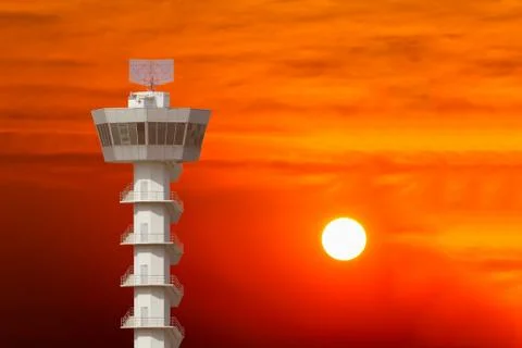 Control tower with beautiful sunset Foto stock