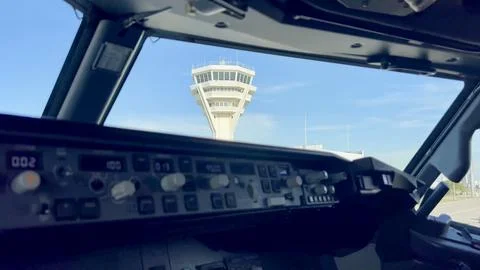 Control Tower View From Passenger Plane Cockpit Stock Photos