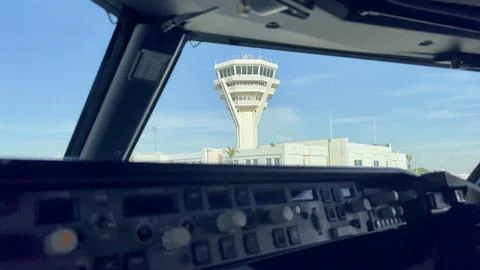 Control Tower View From Passenger Plane Cockpit Stock Photos