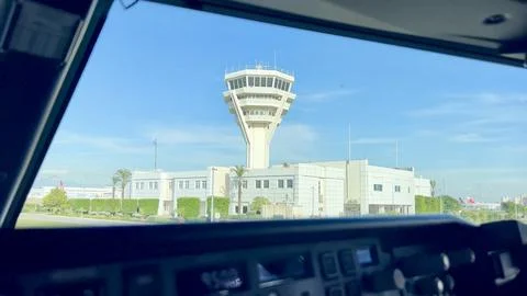 Control Tower View From Passenger Plane Cockpit Stock Photos
