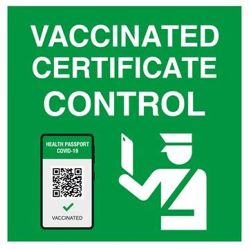 Control vaccination certificate. Guard hand uses qr code scanner. Wireless ma Illustrazione stock