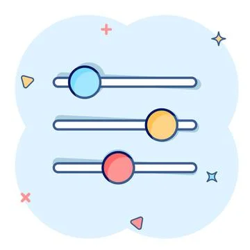 Control volume icon in comic style. Audio adjusting cartoon sign vector illus 스톡 일러스트