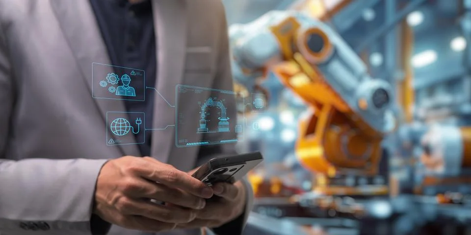 Control the work with an infographic screen. Precision engineering A roboti.. 스톡 사진