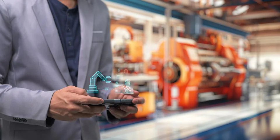 Control the work with an infographic screen. Precision engineering A roboti.. Stock Photos