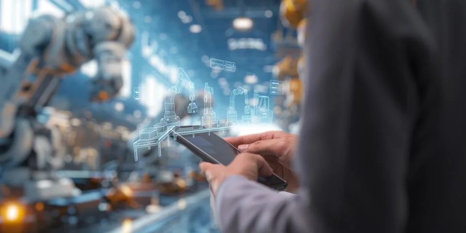 Control the work with an infographic screen. Precision engineering A roboti.. Foto stock