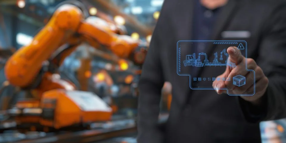 Control the work with an infographic screen. Precision engineering A roboti.. 스톡 사진