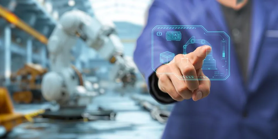 Control the work with an infographic screen. Precision engineering A roboti.. 스톡 사진