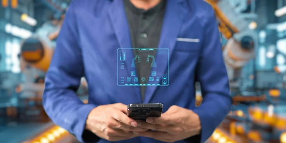 Control the work with an infographic screen. Precision engineering A roboti.. 스톡 사진