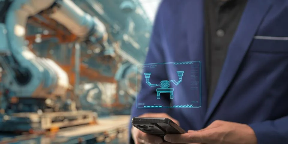 Control the work with an infographic screen. Precision engineering A roboti.. Stock Photos