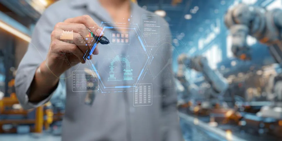 Control the work with an infographic screen. Precision engineering A roboti.. Stock Photos