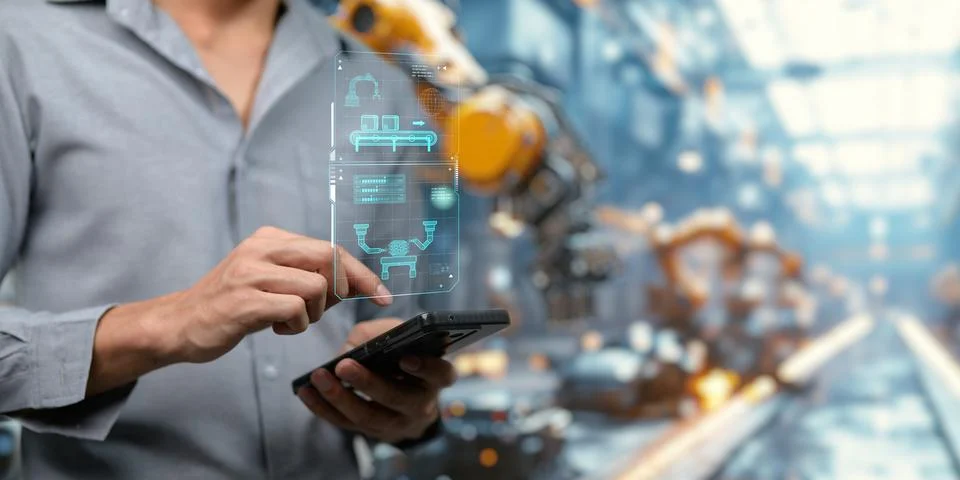 Control the work with an infographic screen. Precision engineering A roboti.. Stock Photos