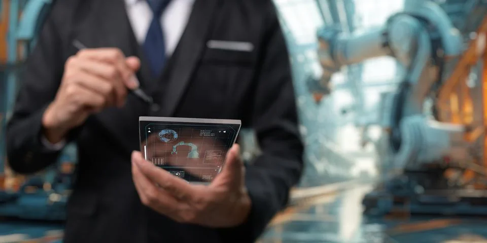 Control the work with an infographic screen. Precision engineering A roboti.. 스톡 사진