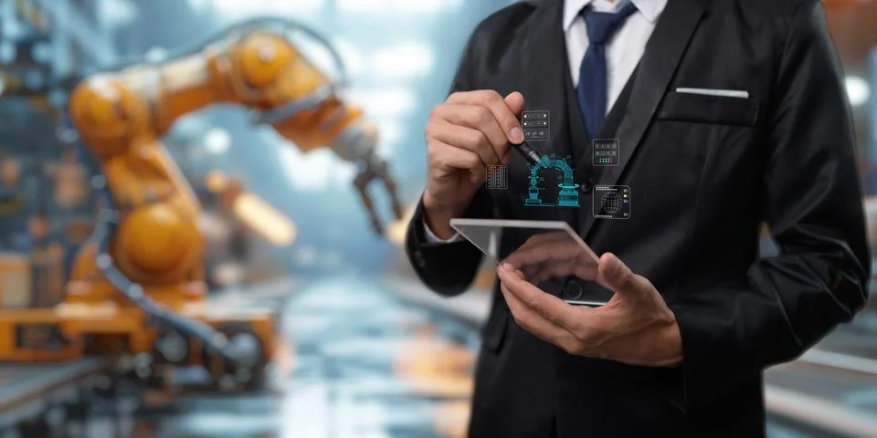 Control the work with an infographic screen. Precision engineering A roboti.. Foto stock