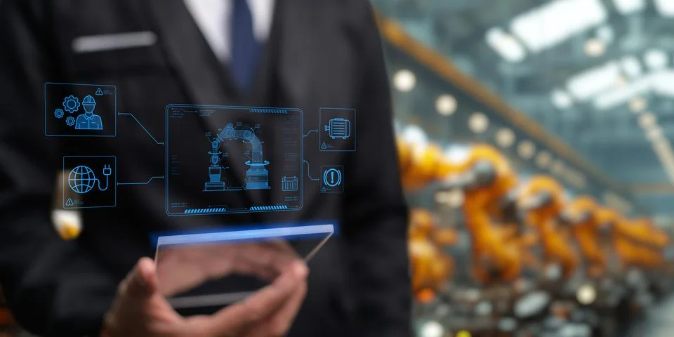 Control the work with an infographic screen. Precision engineering A roboti.. Stock Photos