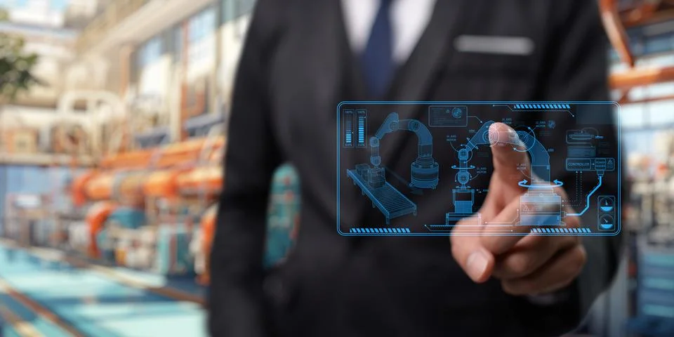 Control the work with an infographic screen. Precision engineering A roboti.. Stock Photos