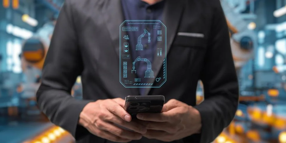 Control the work with an infographic screen. Precision engineering A roboti.. 스톡 사진