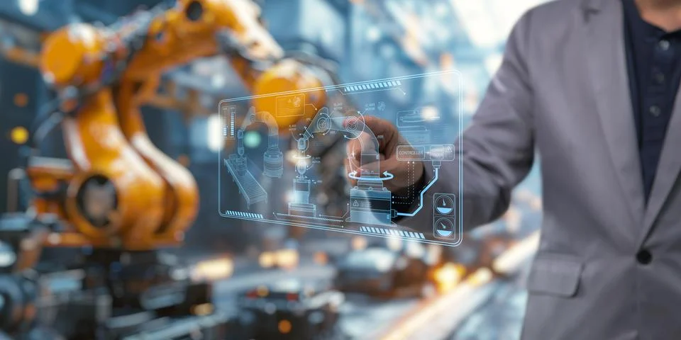 Control the work with an infographic screen. Precision engineering A roboti.. Stock Photos