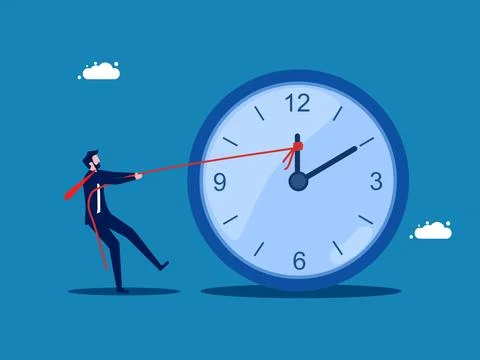 Control working time. Businessman uses rope to pull clock hands Stock Illustration
