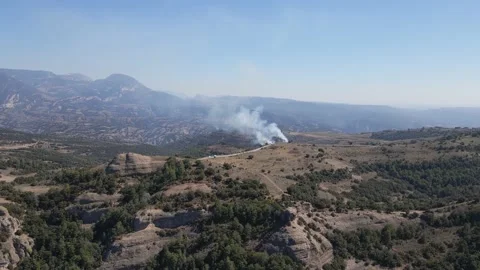 Controlled and prescribed forest fire. Flames and smoke clouds. Aerial drone. Stock Footage 157158567