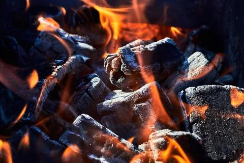 A controlled campfire with burning coals outside on a warm summer day. Stock Photos