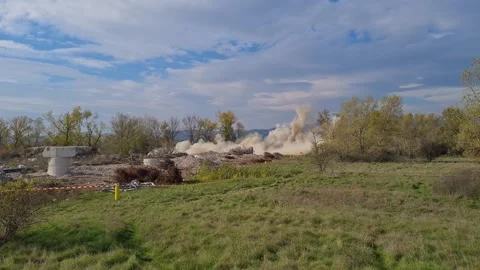 Controlled Explosion Demolishing Bridge Stock Footage 342019064