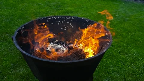 Controlled Fire Burning in a Metal Fire Pit on a Green Lawn Stock Footage 338994228