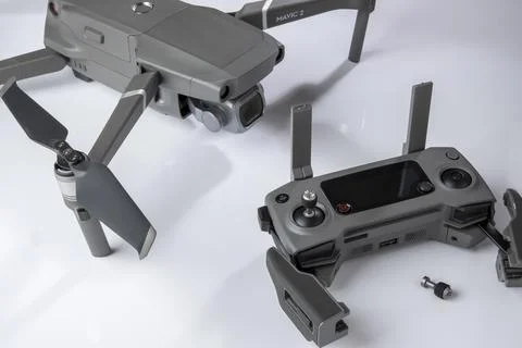 Controller and drone mavic 2 pro on white background Stock Photos