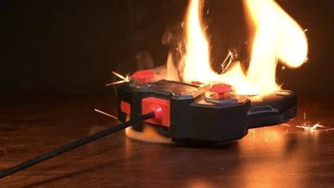 A controller connected to a wire is engulfed in flames - a conceptual photo depi Stock Footage 309484639
