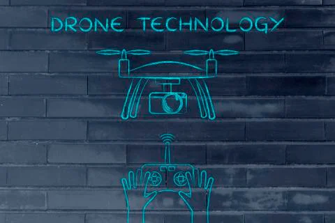 Controller piloting a drone with camera, with text Drone Technology Stock Illustration