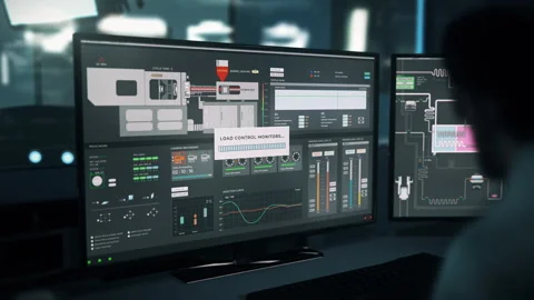 Controlling the automated process at the production plant with computer software Stock Footage 252755883