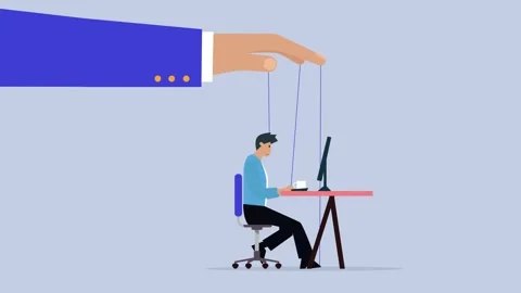 Controlling businessman puppet working on computer Stock Footage 258336455