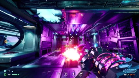 Controlling Character Battling Monsters In Video Game Set On Sci-Fi Spaceship Stock Footage 305927328