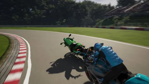 Controlling the fast motorcycle on the digital racing track in a simulator Stock Footage 304711283