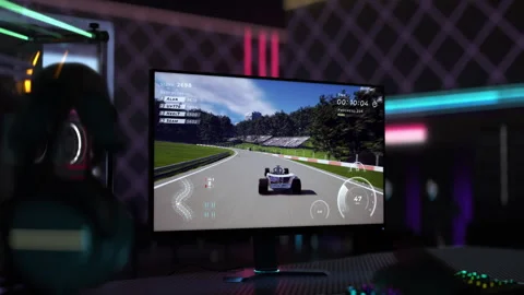 Controlling the fast vehicle on the virtual circuit in a computer fake game Stock Footage 252489791