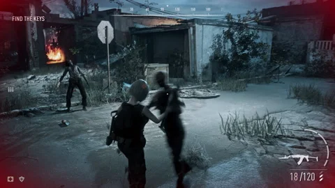 Controlling a female character in the virtual zombie shooter video game Stock Footage 257689759
