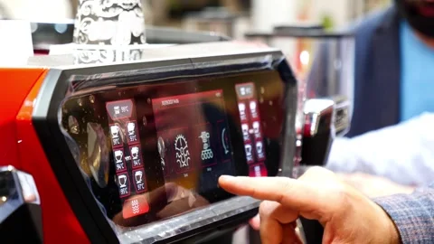 Controlling the functions of the coffee machine on the touch screen Stock Footage 249525754