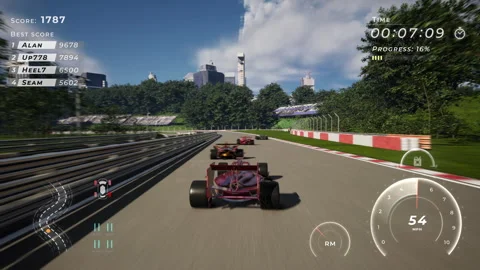 Controlling the high-speed vehicle in the virtual racing computer game level Stock Footage 305930892