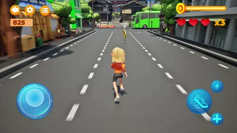 Controlling a runner character in the fake mobile application arcade video game Stock Footage 289009610