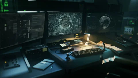 Controlling the satellite using a modern computer program to find the target Stock Footage 196917311