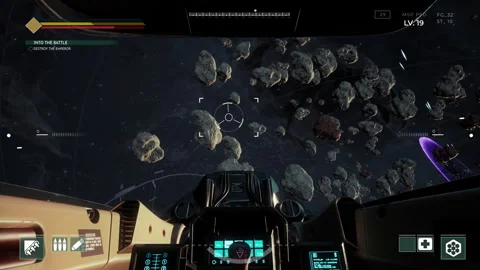 Controlling a starship in the intergalactic action battle video game mission Stock Footage 304715898